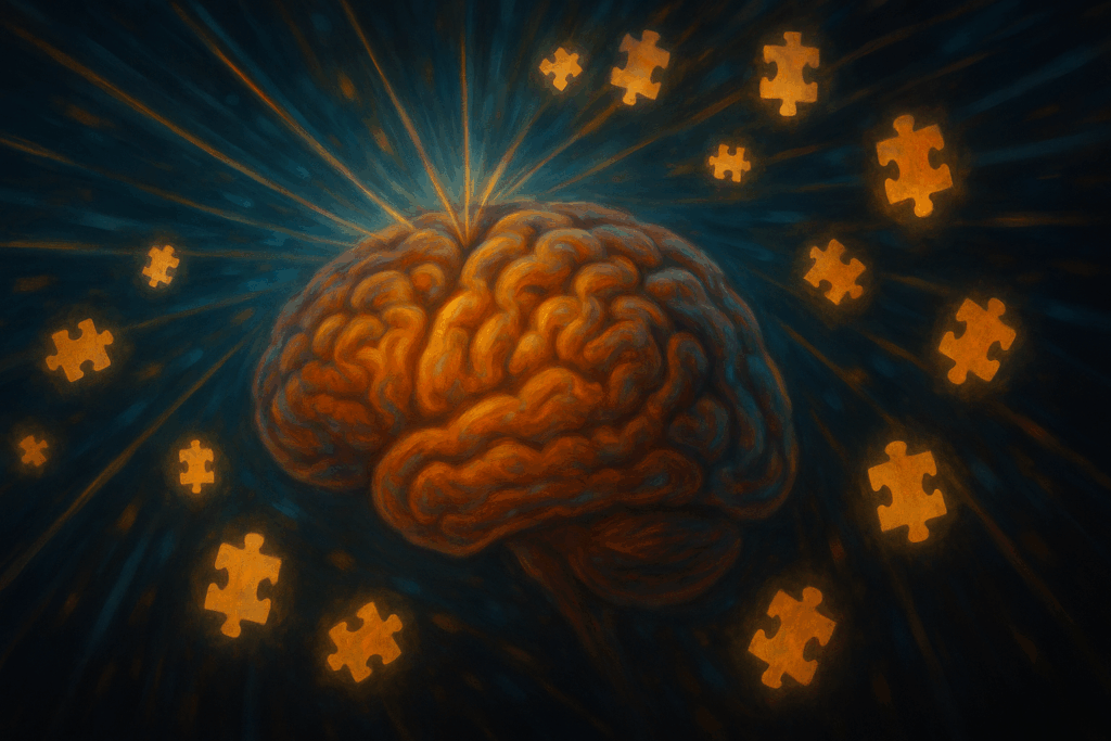 "Visual of brain with focus beams and memory puzzle pieces highlighting cognitive health strategies using the best herb for ADHD"
