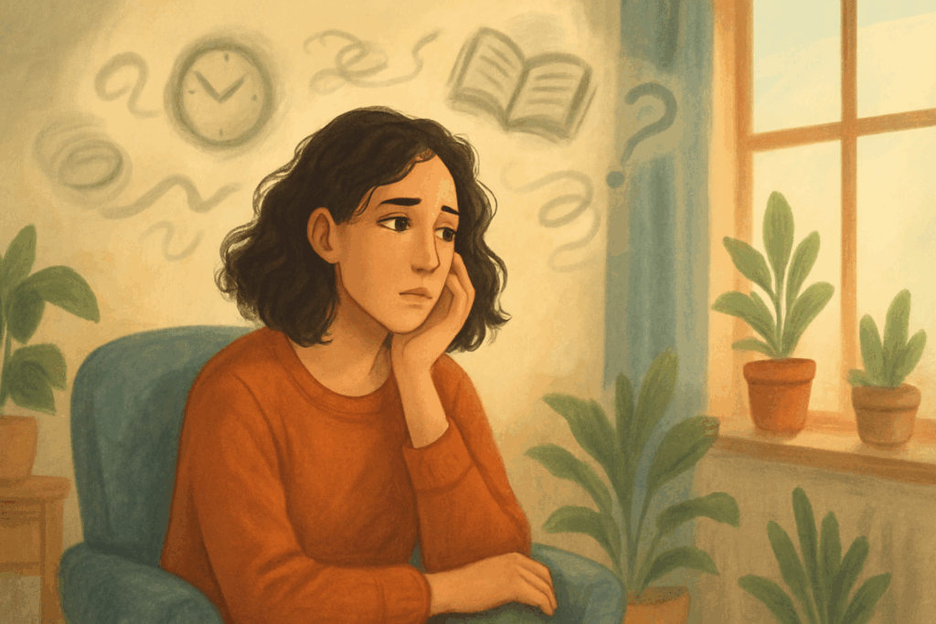 "Thoughtful woman surrounded by symbolic distractions and calming plants, illustrating challenges discussed in Top Herbs for ADHD in Women"