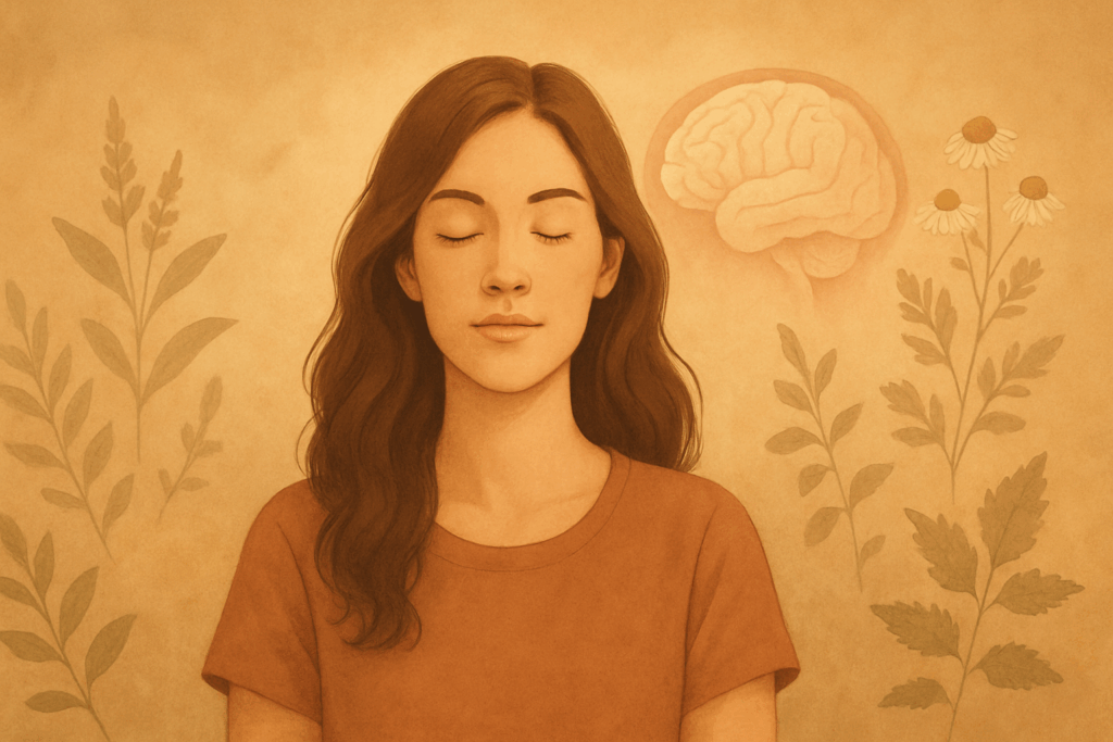 Woman walking through a lush herbal garden at sunrise, symbolizing natural healing through Top Herbs for ADHD in Women.
