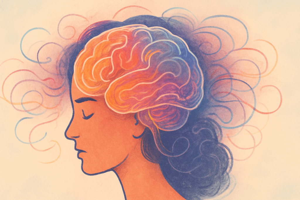 Visual depiction of a woman's brain with swirling emotions and thoughts, highlighting cognitive challenges related to Top Herbs for ADHD in Women.