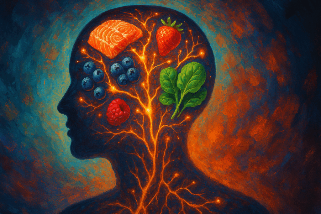 Brain surrounded by healthy foods like salmon, berries, and leafy greens to support better evaluation decision making.
