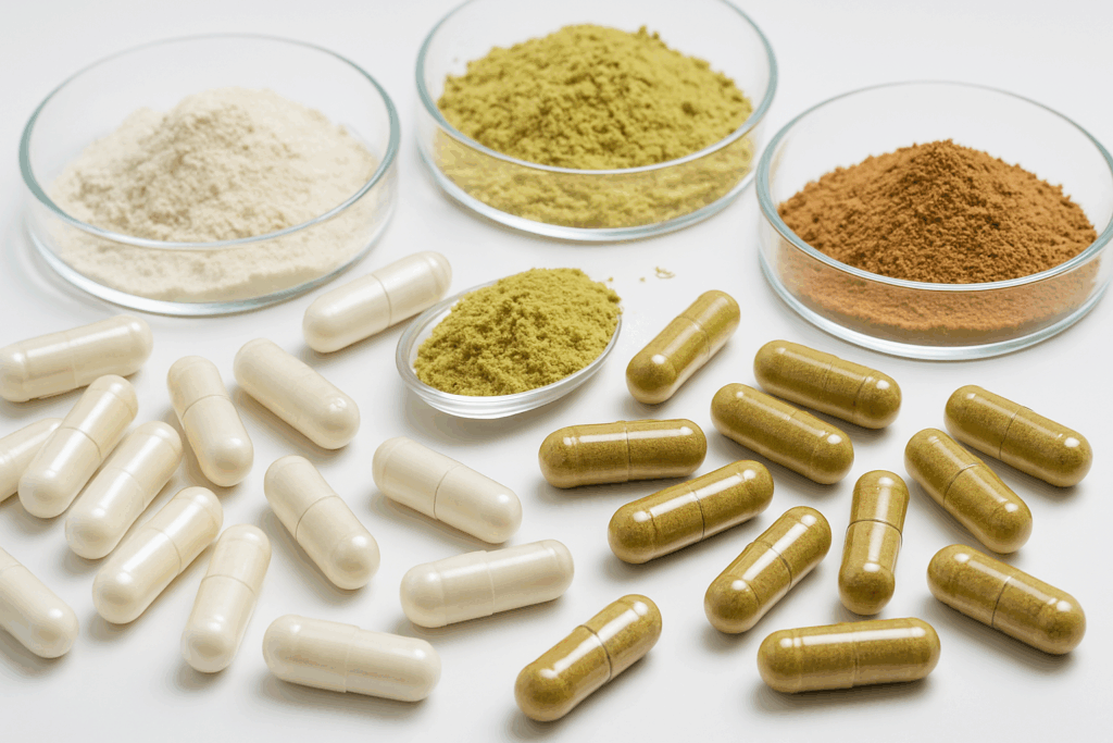 "Selection of NewMind Nootropics supplements including capsules and powdered nootropics displayed in sterile laboratory dishes on a bright scientific background"