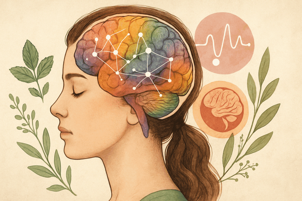 Woman practicing mindfulness in a peaceful garden surrounded by the best herbs for ADHD, including Ginkgo biloba and Bacopa monnieri