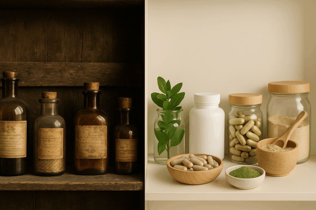 Split scene showing the evolution of over-the-counter performance enhancers, with vintage medicine bottles on the left and modern natural supplements on the right.