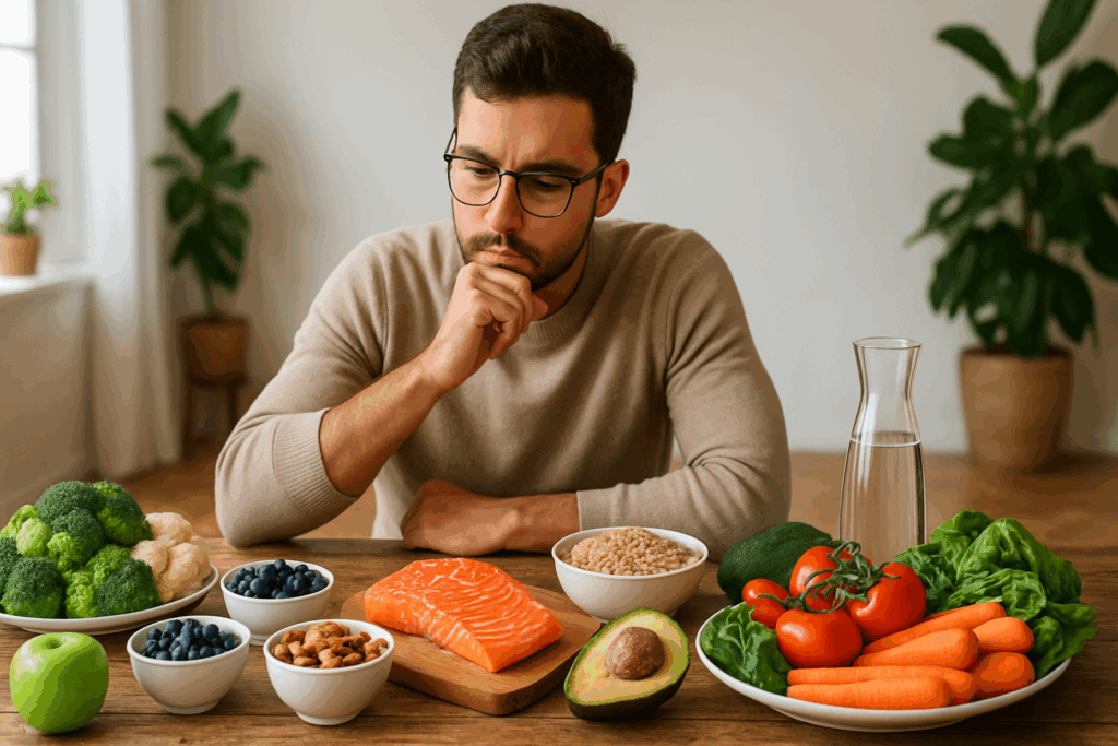 Fresh fruits, nuts, and leafy greens arranged to represent Strategic Decision Making Examples for smarter food choices and better health