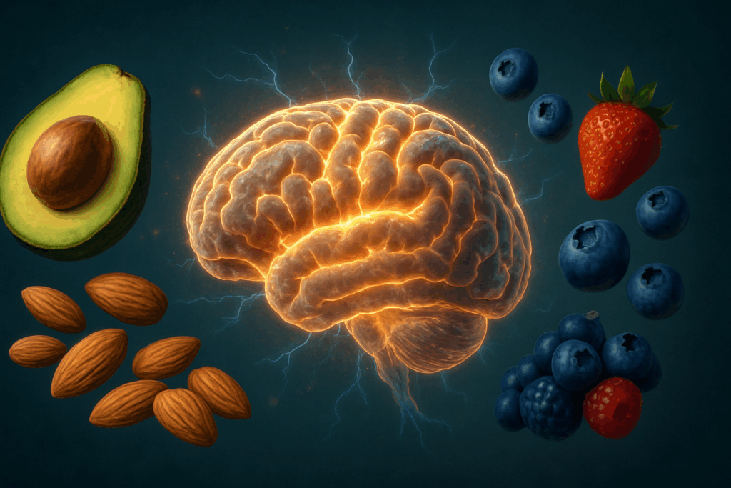Fresh berries, leafy greens, and walnuts arranged in a brain shape, highlighting foods that support decision making methods and techniques.