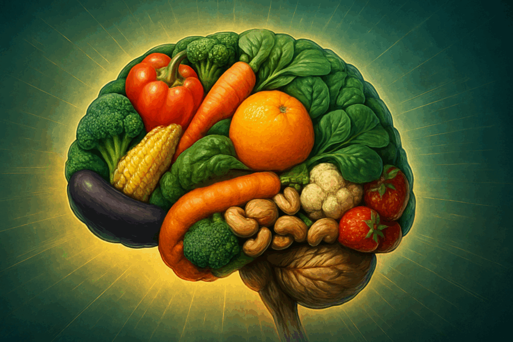 Blueberries, salmon, avocados, and leafy greens displayed together, representing top natural foods that may support critical decision making in critical thinking.