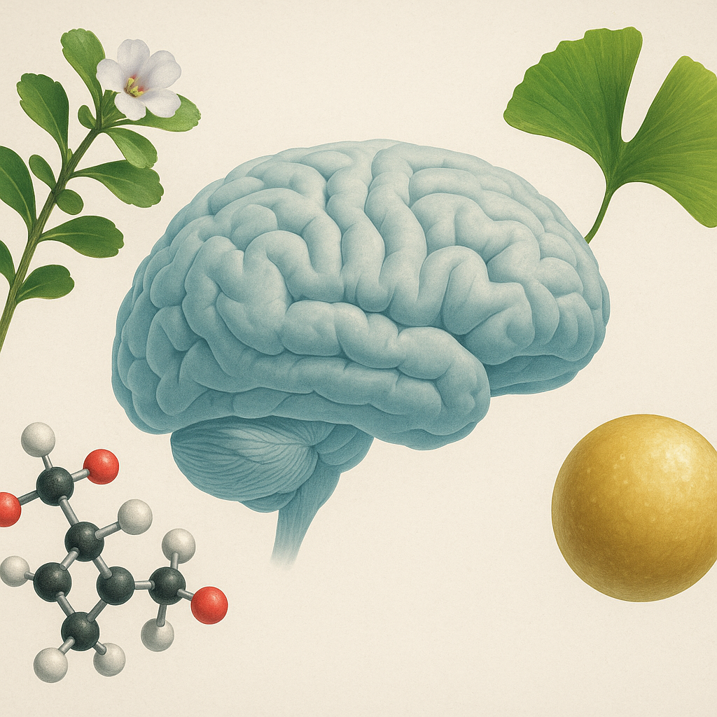 Scientific illustration of Bacopa Monnieri, Ginkgo Biloba, Alpha-GPC, and Phosphatidylserine interacting with a translucent brain, representing nootropic ingredient synergy in RediMind vs Alpha Brain.