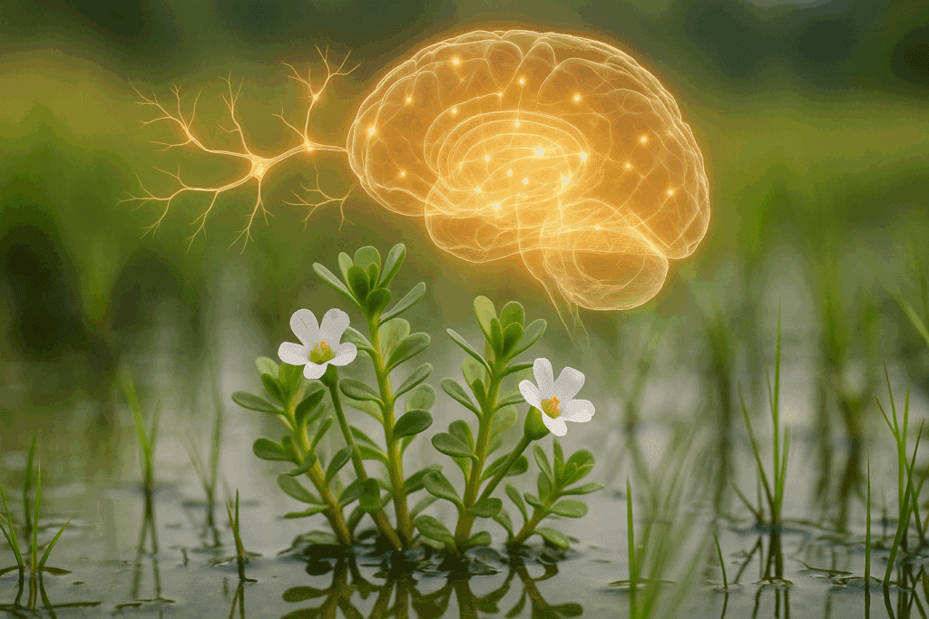 Split brain illustration showing anxiety vs. focus with herbal elements representing the best herb for ADHD and emotional balance.
