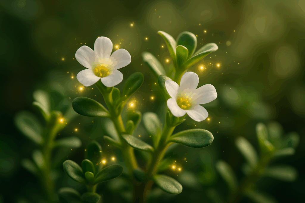 : ALT text: "Where to buy Bacopa Monnieri: Close-up of Bacopa Monnieri plants with glowing bacosides illustrating cognitive benefits and adaptogenic properties."