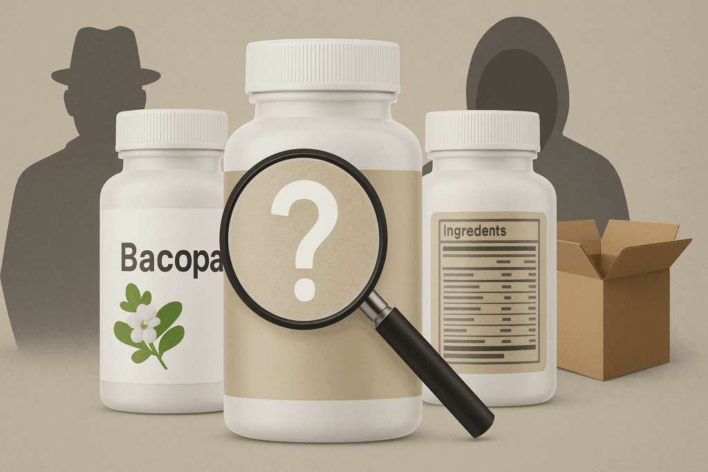 "Common Pitfalls to Avoid When Buying Bacopa Monnieri: An image showcasing warning signs with a magnifying glass over a Bacopa supplement bottle, symbolizing the need for caution when purchasing unverified products."