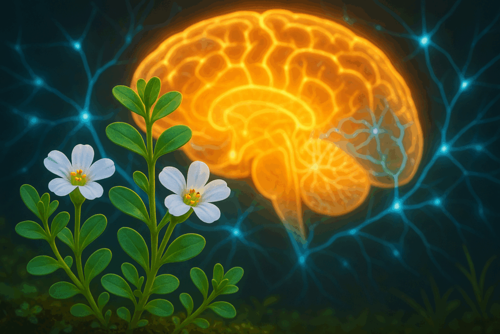 "Where to buy Bacopa Monnieri – Bacopa Monnieri plant in its natural habitat with a glowing brain, showcasing its cognitive benefits and ability to enhance memory."