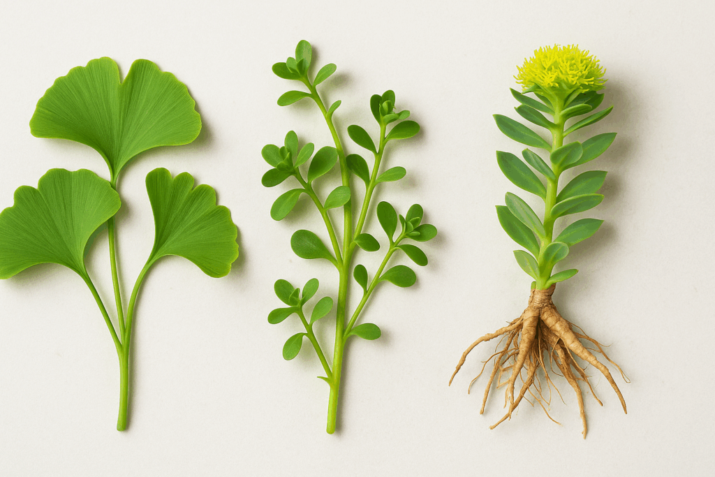 "Best herbs for ADHD in women, including Ginkgo biloba, Bacopa monnieri, and Rhodiola rosea, displayed in a serene, natural setting symbolizing focus, clarity, and mental wellness."