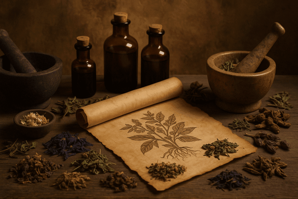 Selection of natural herbs including Ginkgo and Bacopa representing the best herb for ADHD and brain health