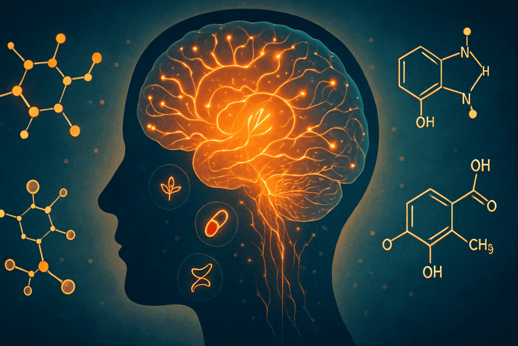 Human brain lit up with neurotransmitter pathways and energy signals, illustrating how vitamin B for brain function supports cognitive health