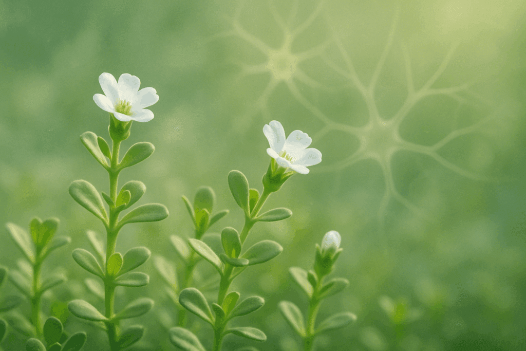 Bacopa monnieri plant growing in a lush garden, symbolizing its use as the best herb for ADHD and natural focus enhancement.