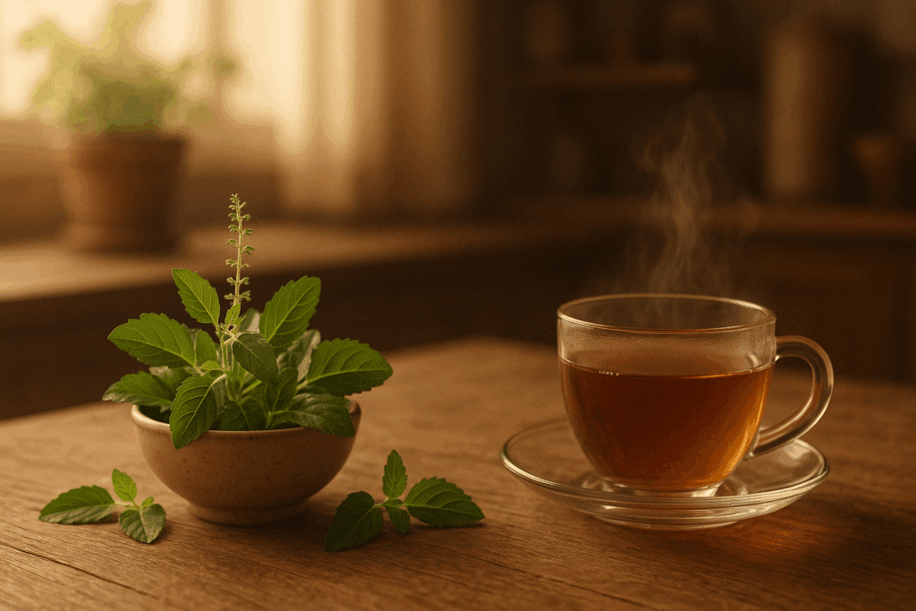 Illustration of ashwagandha, Rhodiola, and holy basil supporting brain health, highlighting synergy in the Best Herbs for ADHD and Focus