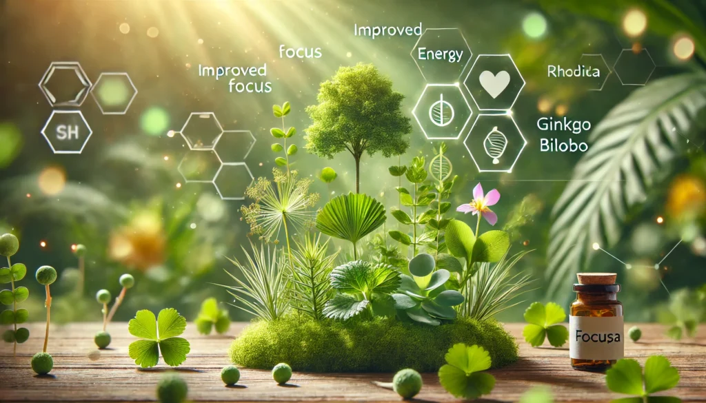 "Diagram showing plant compounds like flavonoids and alkaloids interacting with human cells to enhance mitochondrial function and circulation, promoting energy and vitality."