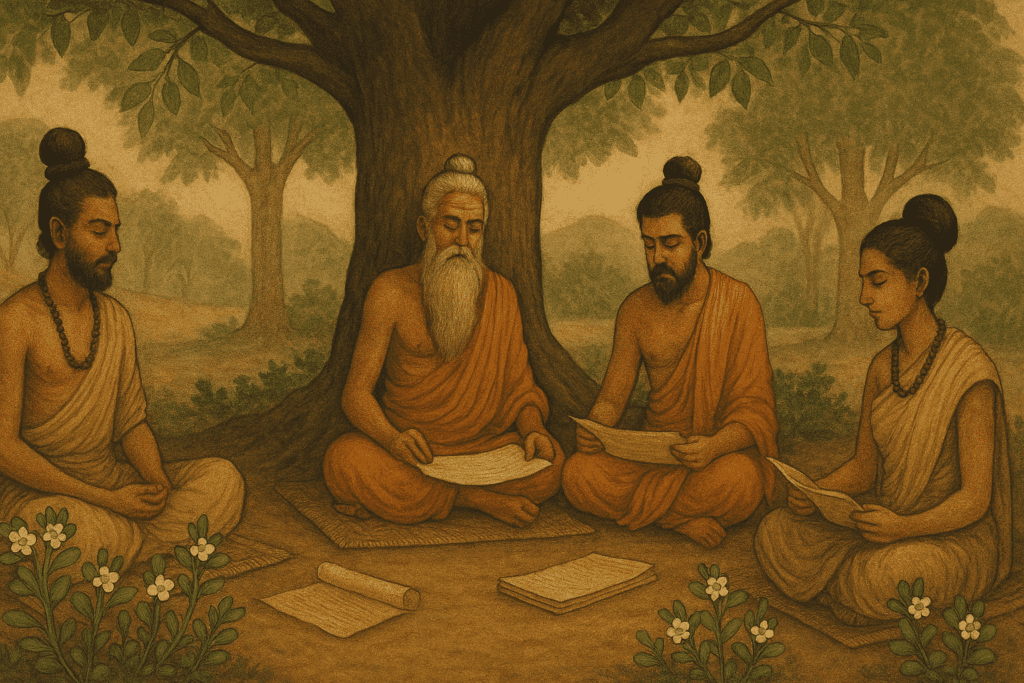 Traditional Ayurvedic scholar studying near a bacopa monnieri plant in a serene forest setting.