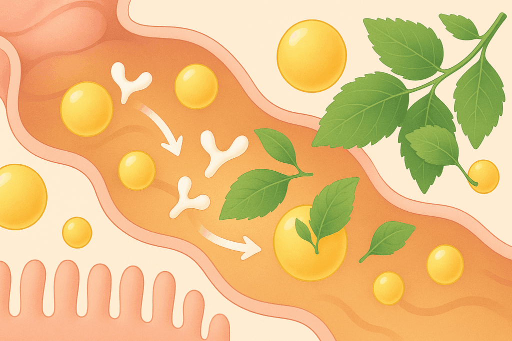 Digestive process showing how proven herbal remedies for fat absorption reduce enzyme activity in the intestines.
