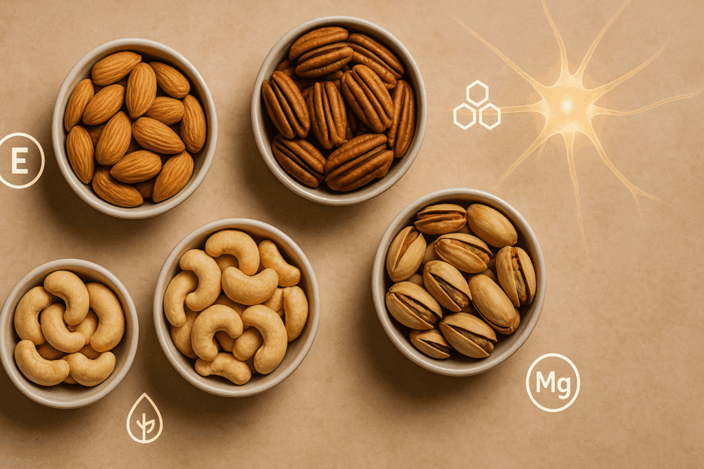 Bowls of mixed nuts with icons representing nutrients, illustrating why people ask are nuts good for brain health