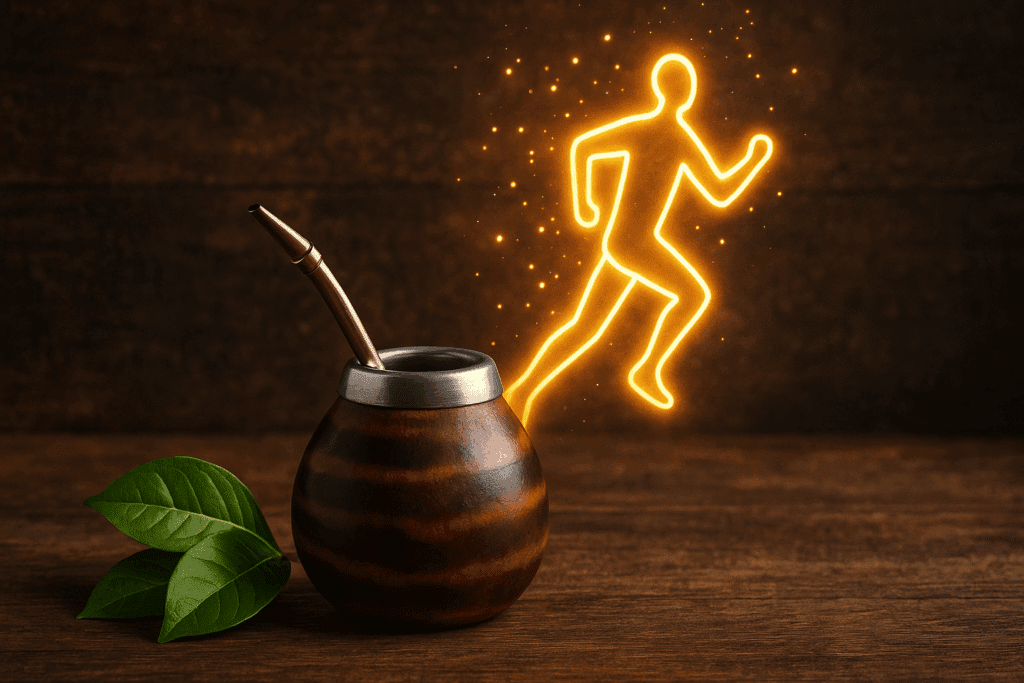 Traditional Yerba Mate drink with green leaves and rising energy waves representing natural stimulants for focus and energy