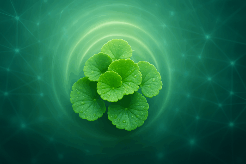 "Gotu kola leaves with neural imagery in the background, promoting neuroplasticity as the best herb for ADHD calm focus"