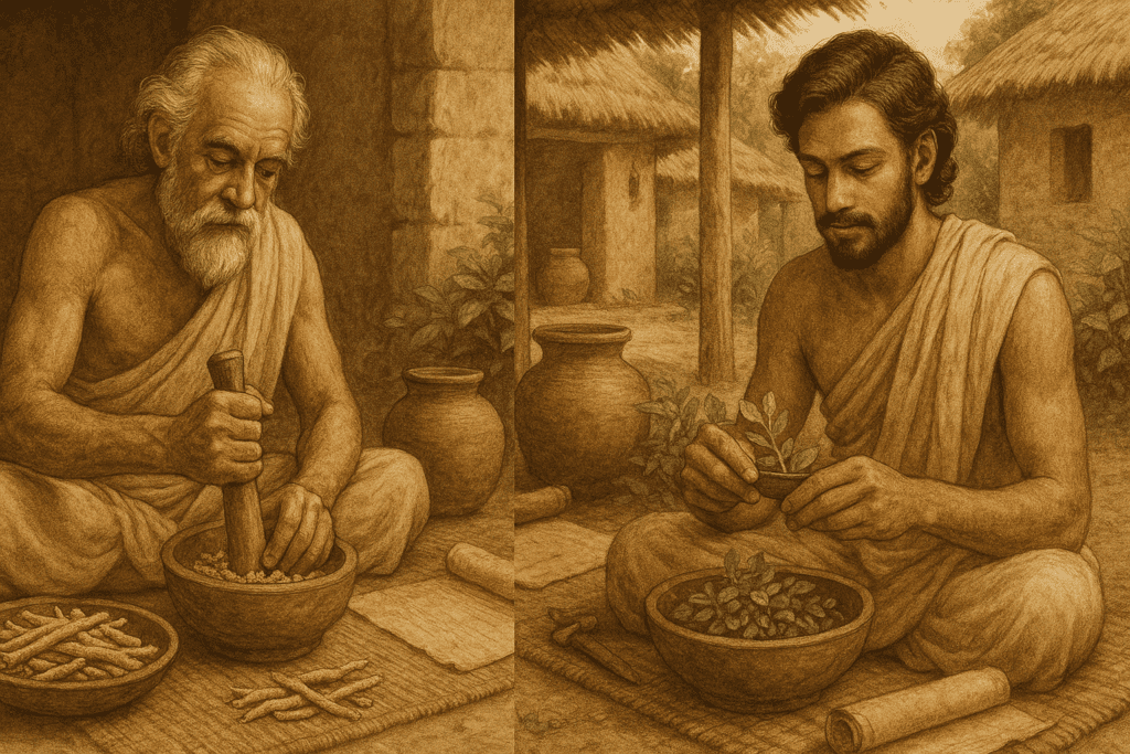 Traditional Ayurvedic preparation of Ashwagandha and Bacopa together using herbs and ancient healing tools