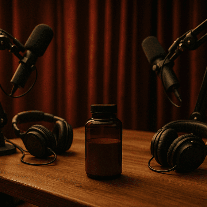 Podcast studio with microphones, headphones, and a brain supplement bottle on the desk, symbolizing how Alpha Brain may support better decision-making.