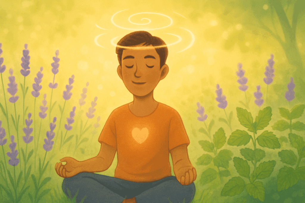 "Person meditating among Lavender and Lemon Balm plants showing emotional calm linked to the best herb for ADHD support"