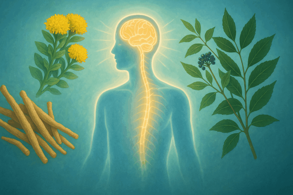 Ashwagandha, Rhodiola, and Eleuthero herbs shown with human energy silhouette to demonstrate the stress-relieving effects of the Best Herbs for Brain and Nervous System Health