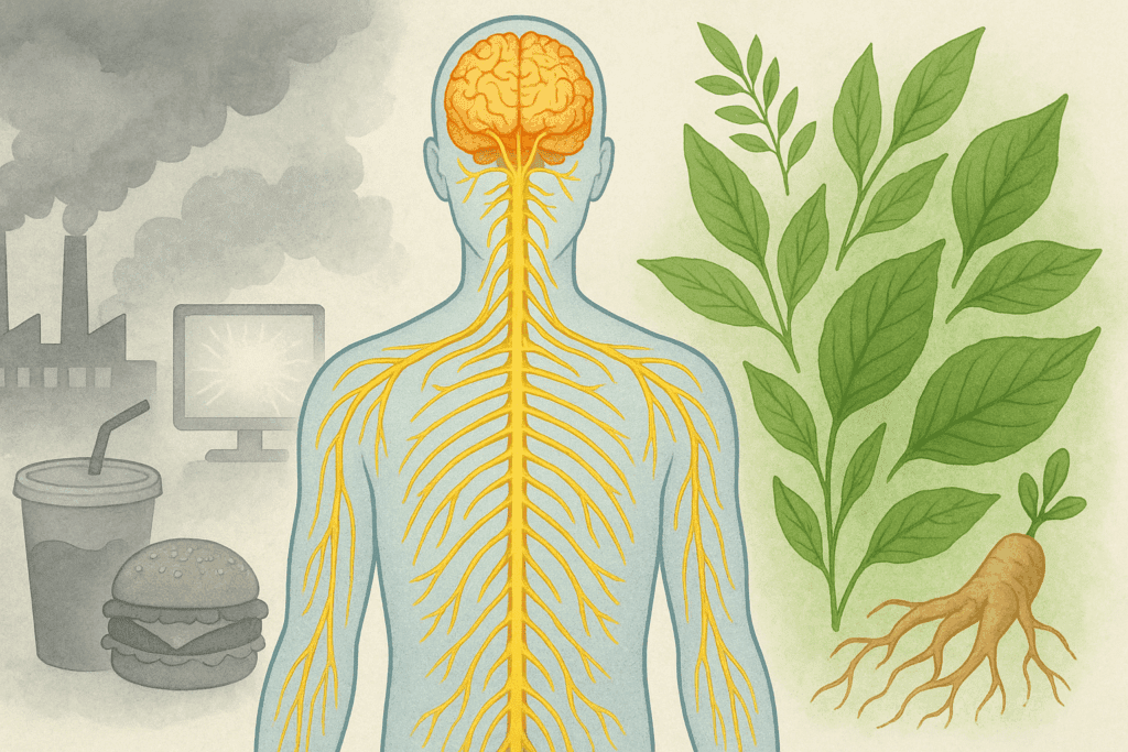 Illustration of the nervous system affected by stress and cleansed by the best herbs for brain and nervous system health