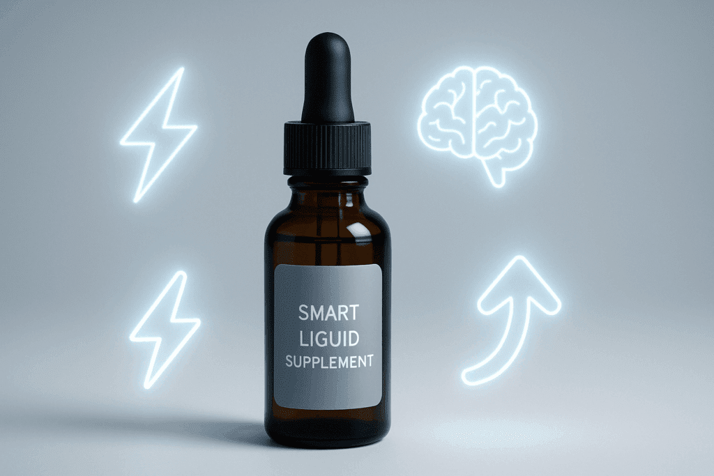 Glass dropper bottle of a smart liquid supplement on a white background, surrounded by glowing icons for energy, focus, and absorption, illustrating the question: Do Apetropics Smart Drops Really Work.