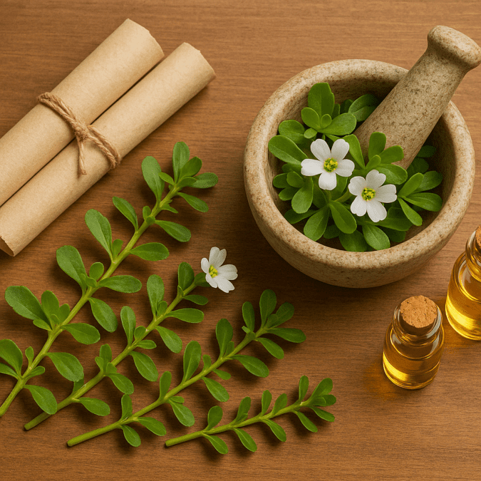 Fresh Bacopa monnieri leaves and Ayurvedic tools symbolizing the ancient roots of Bacopa Monnieri and Sleep remedies