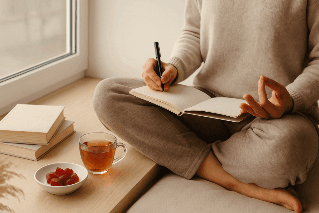 Holistic wellness scene showing a person meditating with a dish of the best gummies for brain health and a cup of herbal tea.