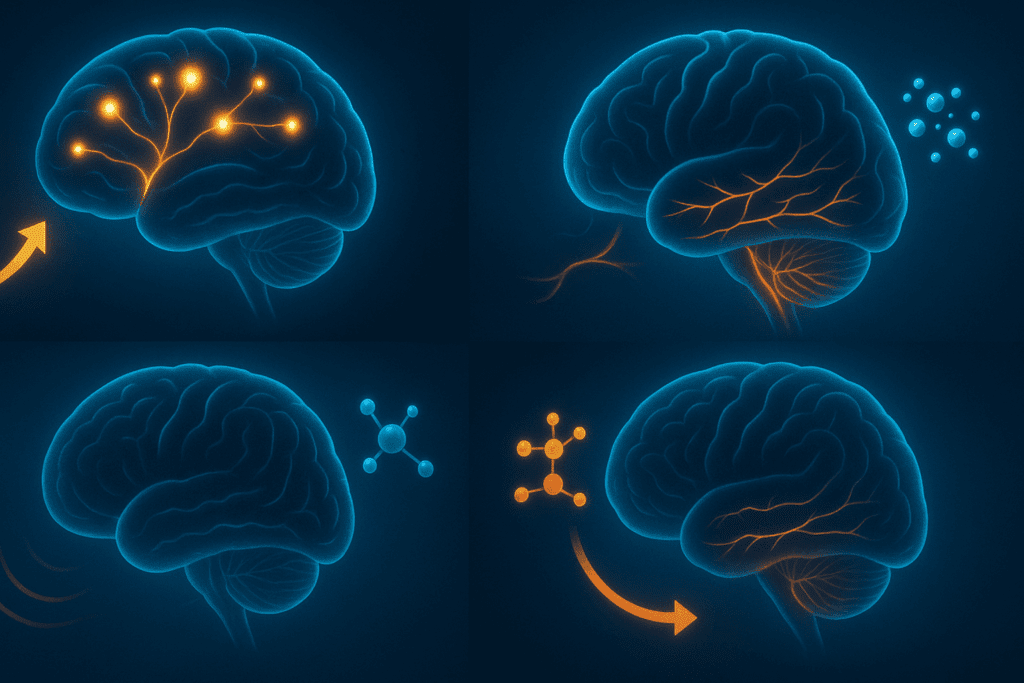 Infographic showing how Bacopa monnieri, Ginkgo, Rhodiola, and Ashwagandha support brain function as the best herb for ADHD options