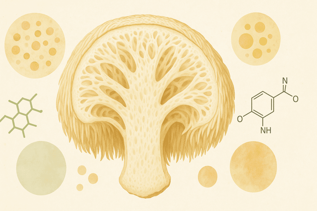 "Cross-section of young Lion’s Mane mushroom highlighting dense internal structure and bioactive compound potential"