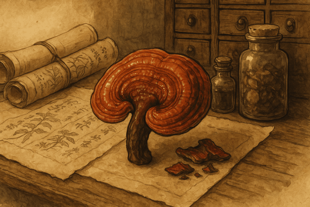 Dried Reishi mushrooms with herbal tea on a rustic wooden surface, symbolizing natural Reishi mushroom weight loss support.