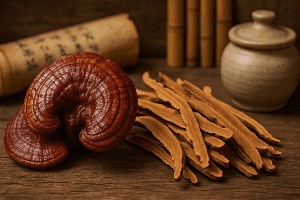 Dried reishi mushrooms on a wooden table with soft natural lighting, highlighting their use in reishi mushroom for sleep supplements