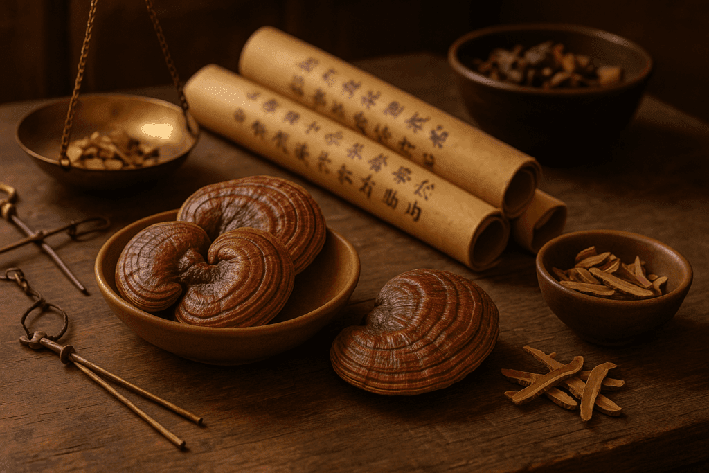 Traditional medicine setting with dried reishi mushrooms and herbal tools illustrating the roots of reishi mushroom cancer study in TCM