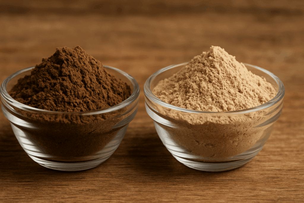 Side-by-side comparison of Lion’s Mane mushroom powders from fruiting body and mycelium on grain, illustrating supplement quality in this Real Mushrooms Lion’s Mane review.