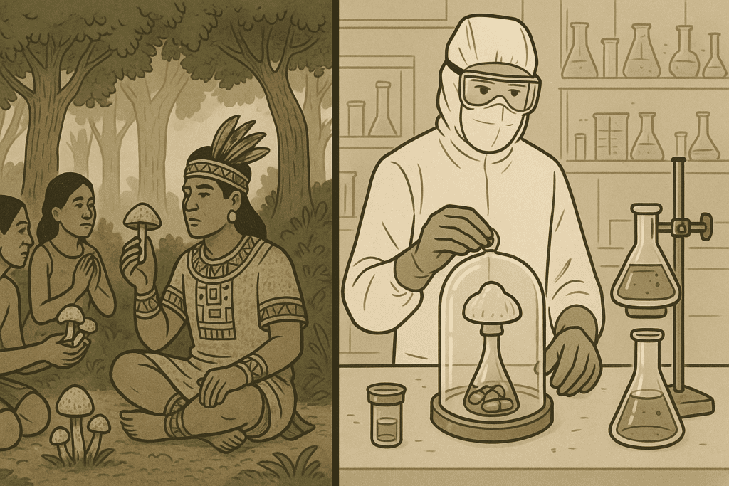 Historical comparison of ceremonial use and modern lab extraction of psilocybin mushroom supplements