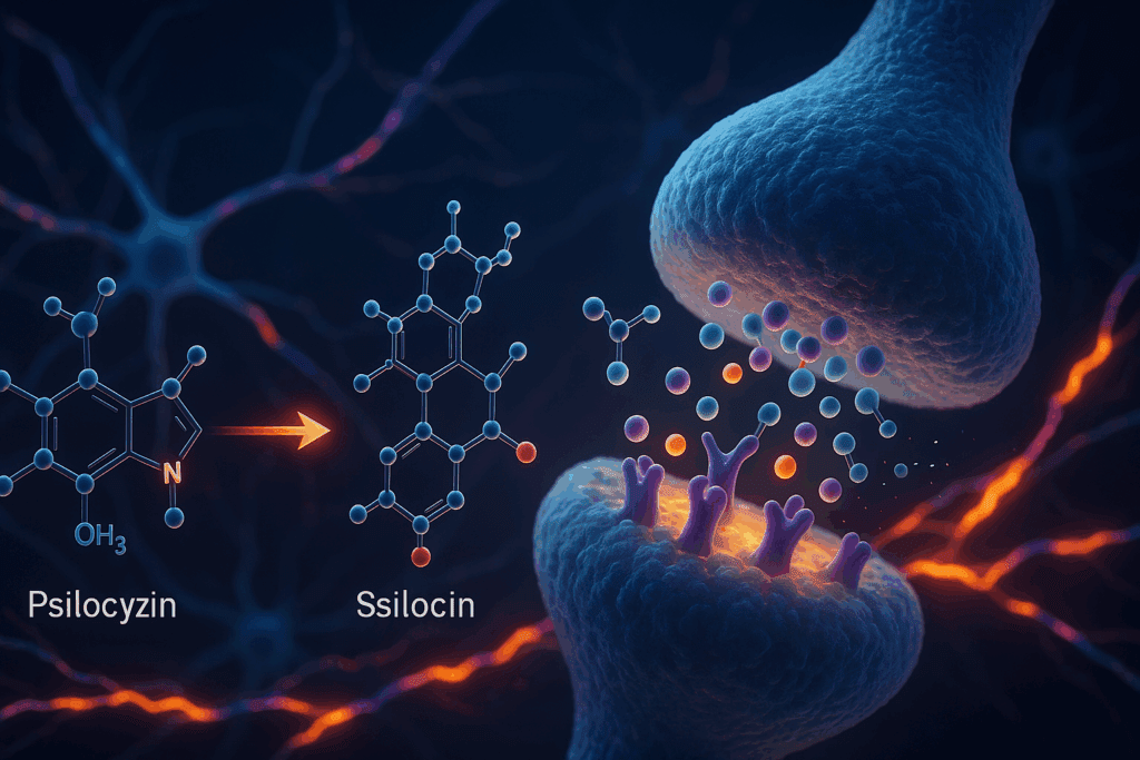 3D illustration showing psilocybin and serotonin molecules binding to brain receptors, highlighting psychedelic interactions