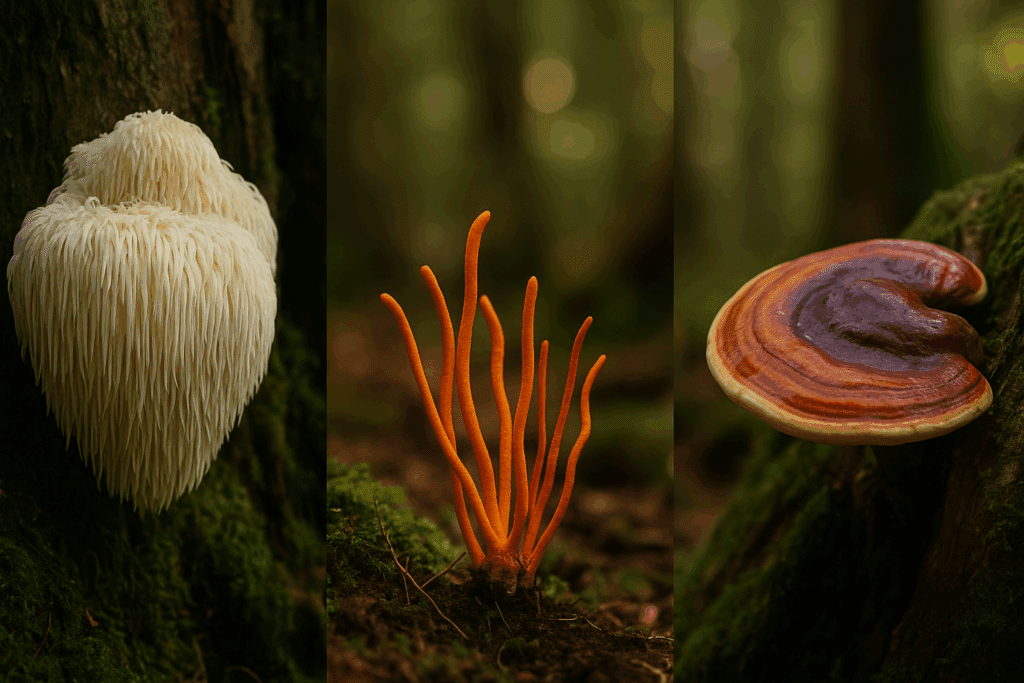 Assorted mushrooms like Lion’s Mane and Cordyceps with mushroom powder for a Performance Mushrooms Review feature layout