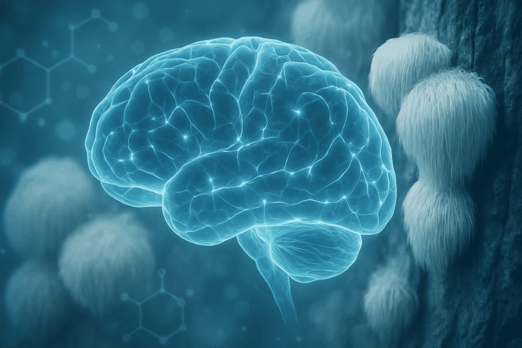 Neural network illustration overlaid with organic lion's mane mushrooms, highlighting brain stimulation and cognitive health
