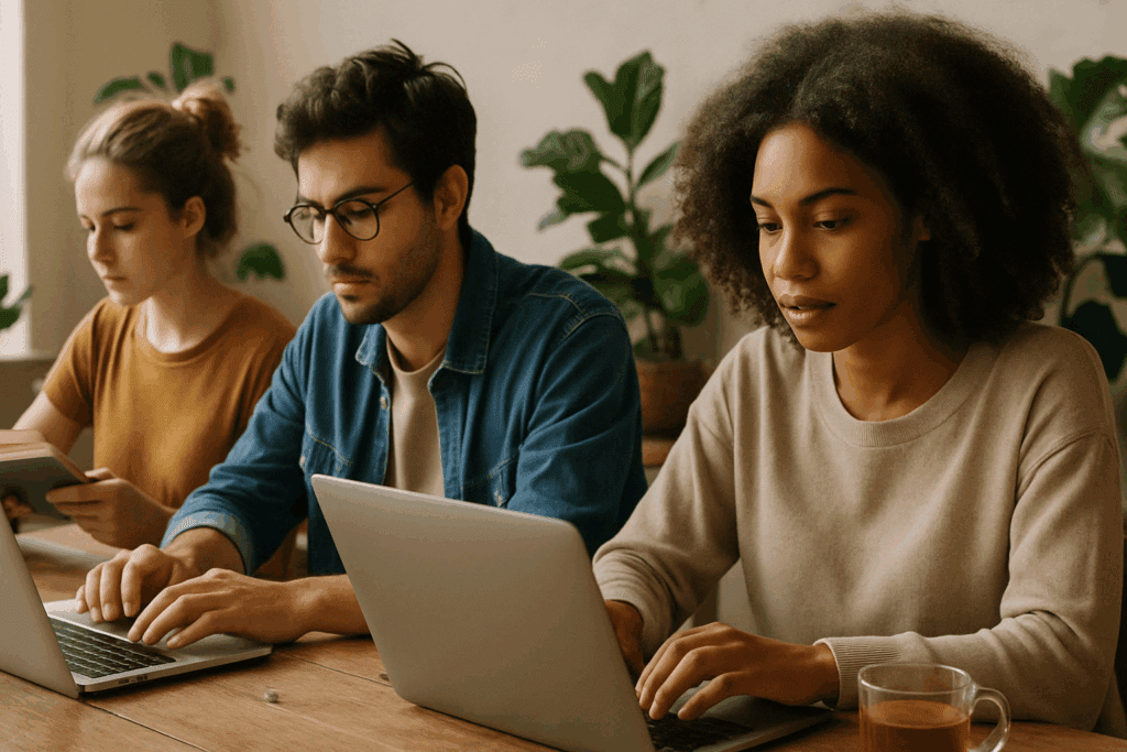 "Diverse group of young adults working with focus at a shared table, illustrating productivity and wellness for Avantera Elevate reviews"