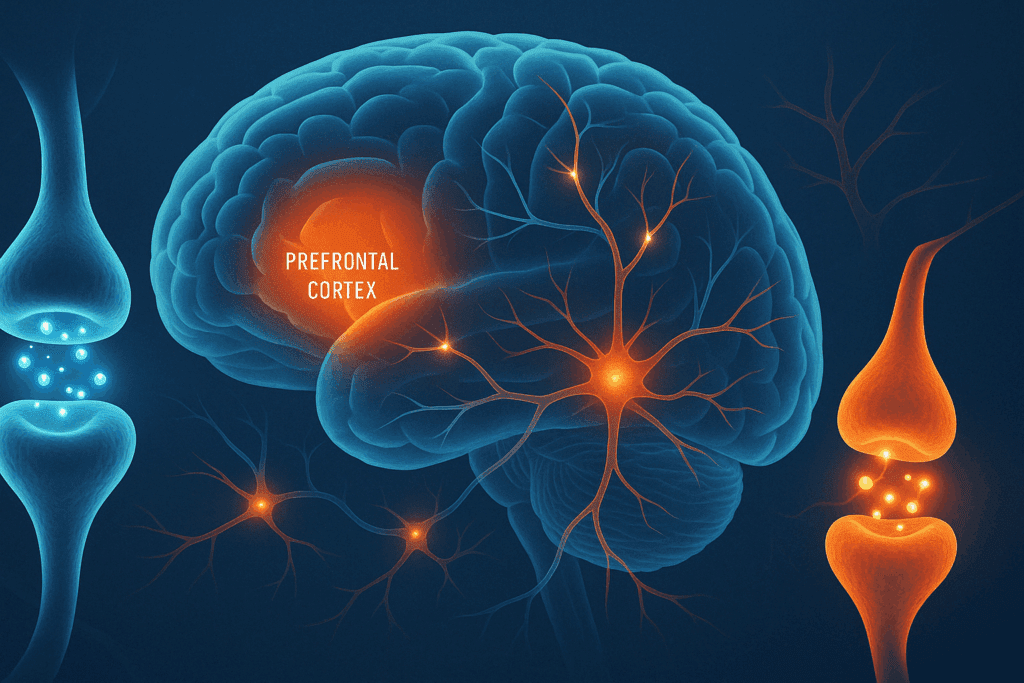 "Medical illustration of brain showing prefrontal cortex and neurotransmitter activity to explain how the best medication for inattentive ADHD in adults works"