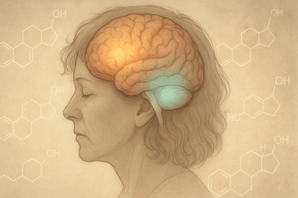 "Conceptual illustration of a female brain with glowing prefrontal cortex and hippocampus, surrounded by estrogen molecule visuals, symbolizing hormonal imbalance and the best supplements for menopause brain fog."
