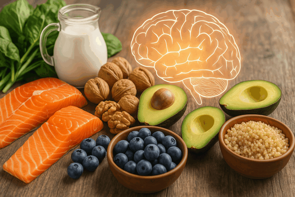 "Brain-boosting foods on a rustic table—wild salmon, blueberries, walnuts, avocados, leafy greens, kefir, and quinoa—supporting cognitive brain function."