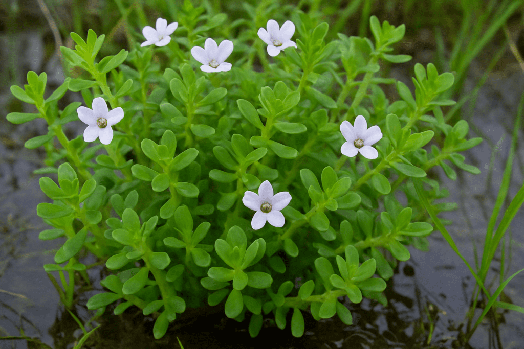 Close-up of Bacopa monnieri with green leaves and small white flowers in wetland soil, showing how to grow your own Brahmi plant successfully.